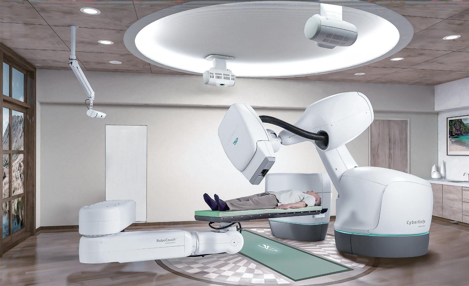 A CyberKnife robotic radiosurgery system with a patient on the treatment couch